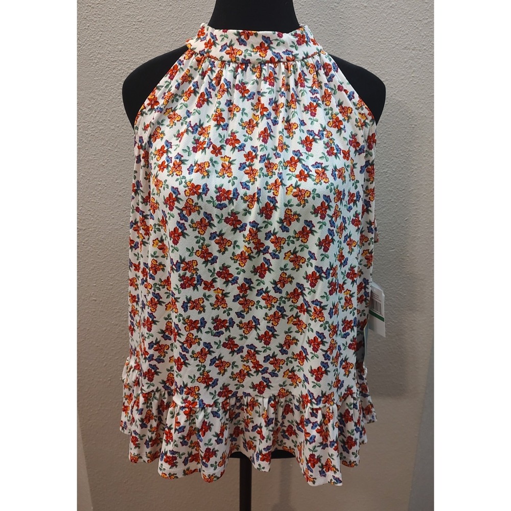 Cece Floral Tank Top Women's Large Sleeveless Summer Top Ruffle Detail D4